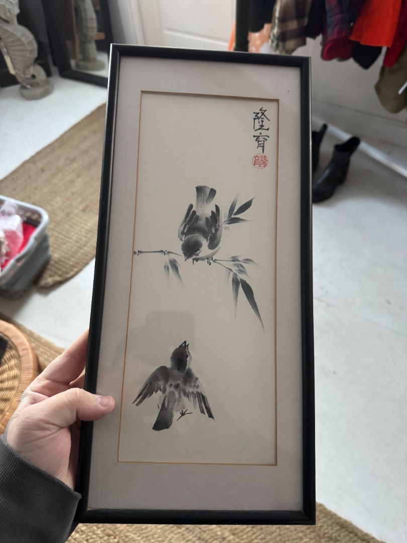 Japanese Ink and Brush Sparrows Painting