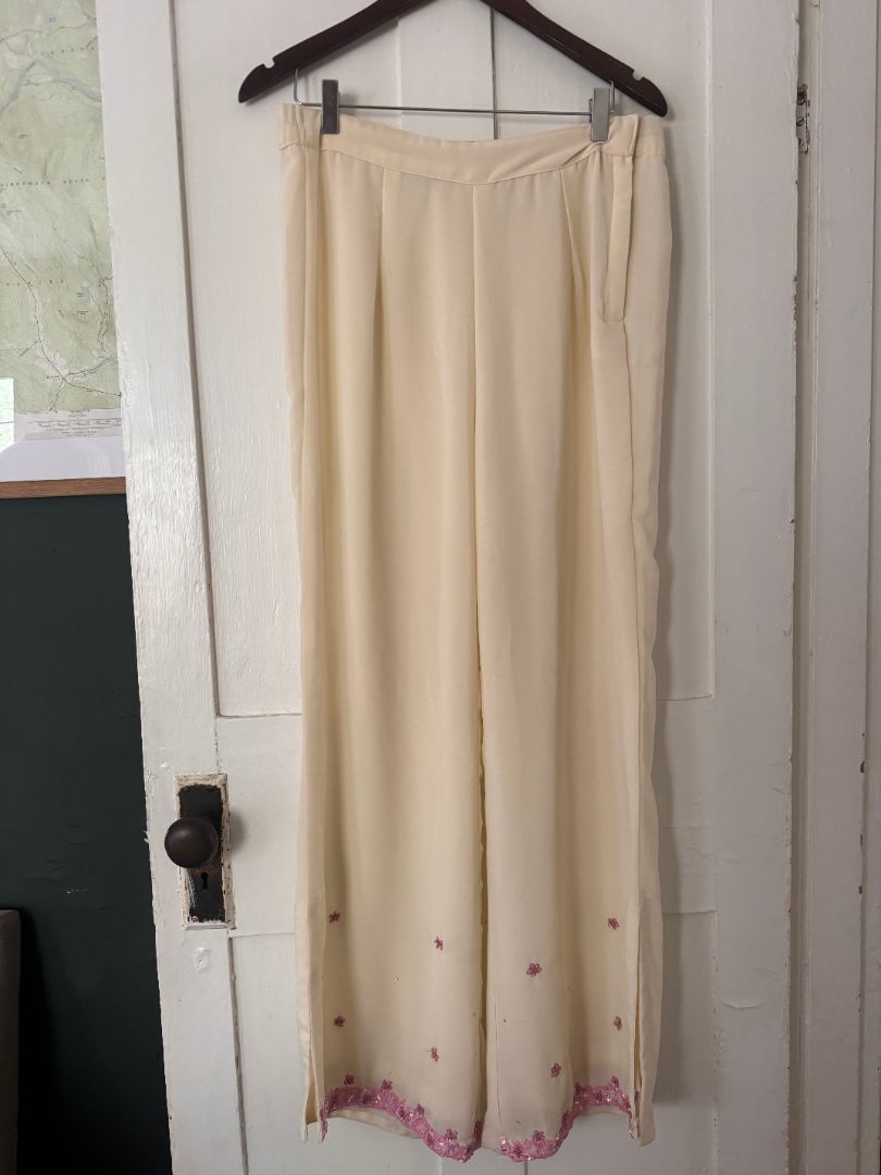 Cream silky pants w/ pink sequins