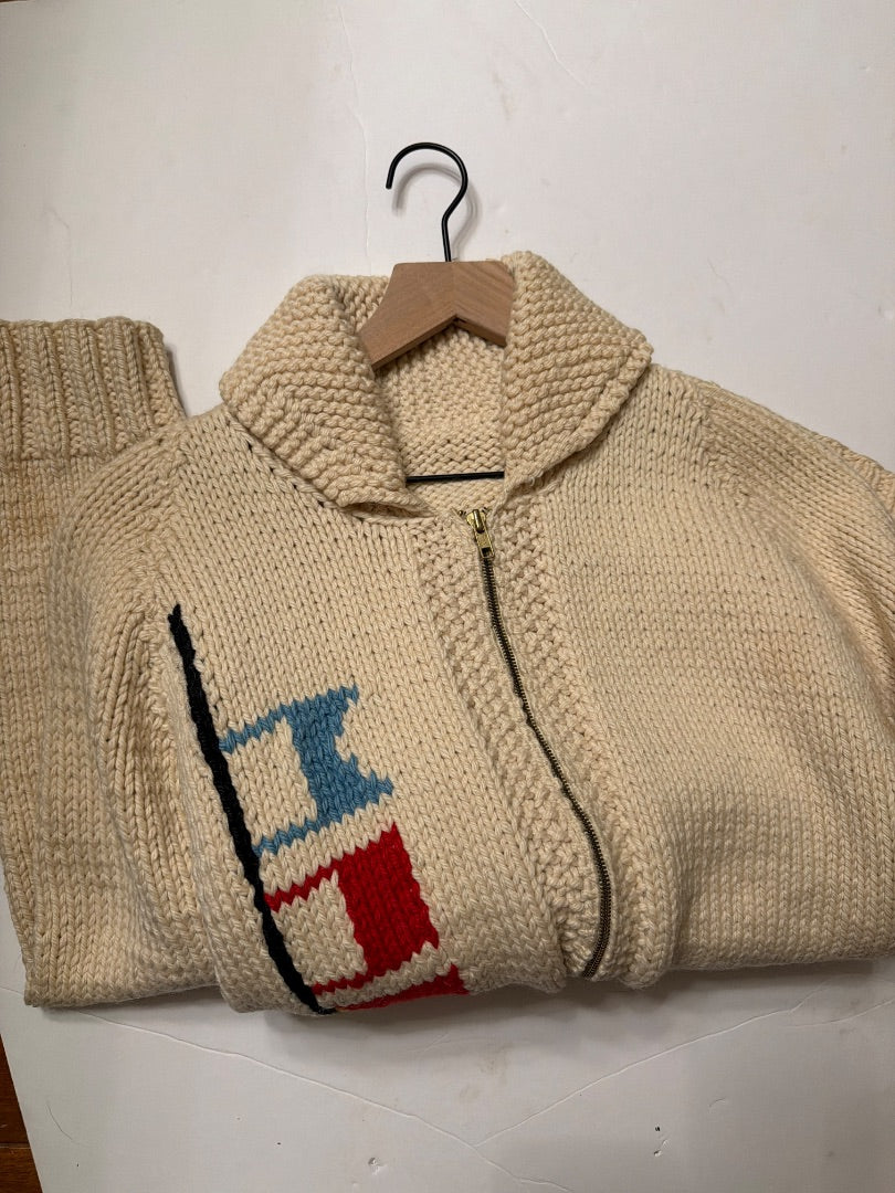 Tan Vintage Vintage Motorboat signal flag Cowichan Cardigan, M-L