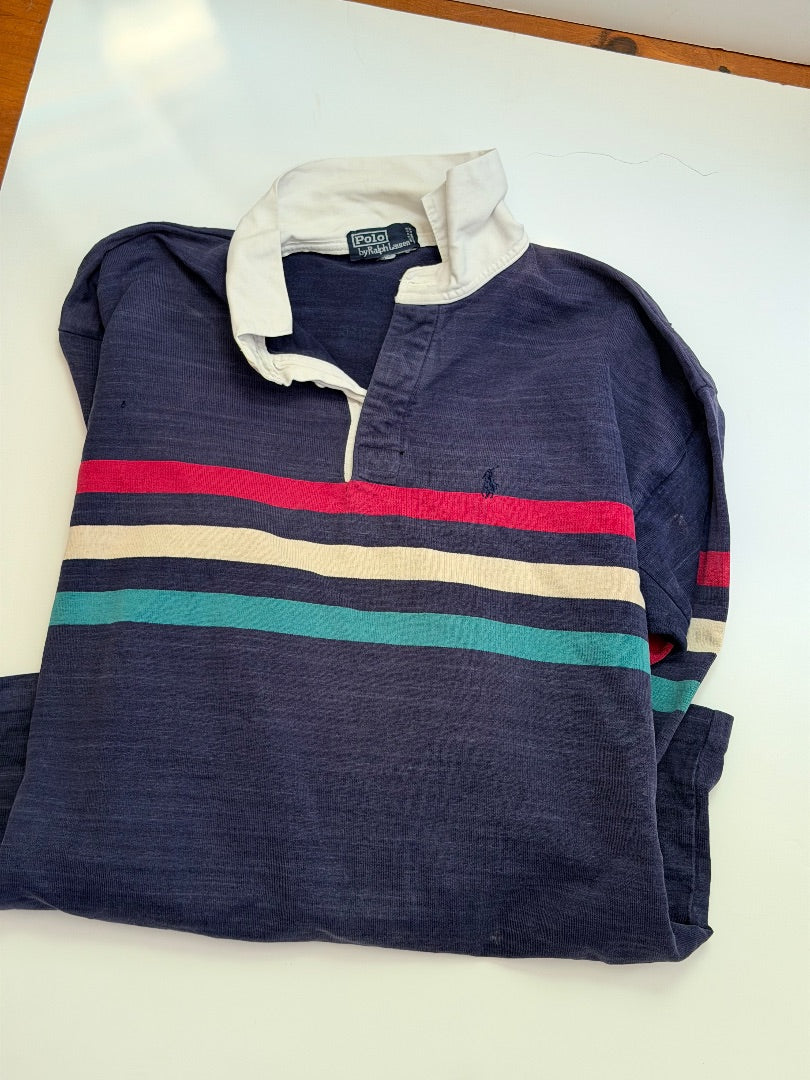 Blue Polo Ralph Lauren Vintage 80's Polo Ralph Lauren "Made in USA" Striped Rugby Shirt, XL