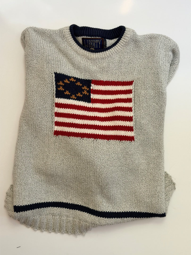 Grey Liberty Vintage Liberty American Flag Knit Sweater - Made in USA, L