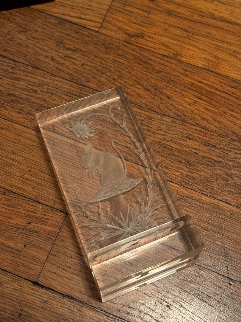 Lucite Reverse Etched Mouse on Mushroom Scene