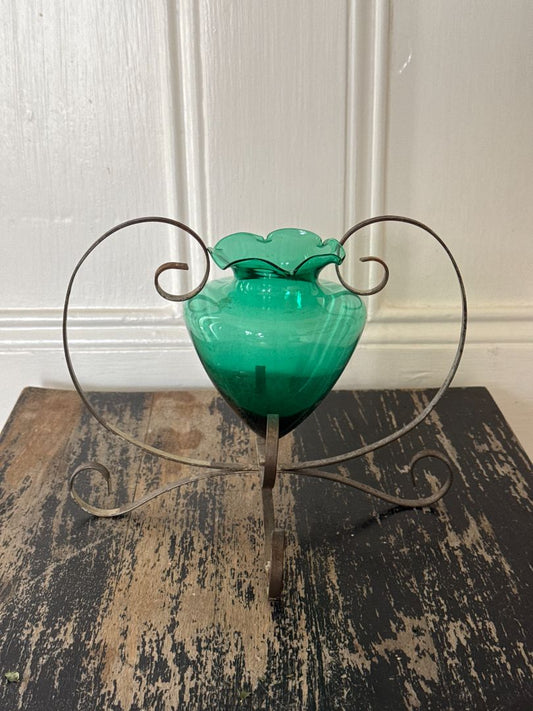 Victorian Green Glass Amphora Vase with Metal Holder