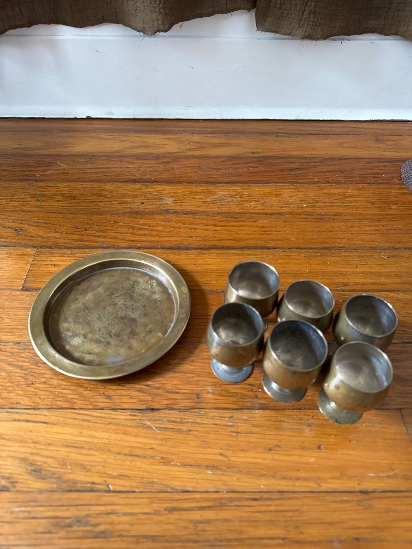 Brass  Set of 6 Brass Cups and Tray