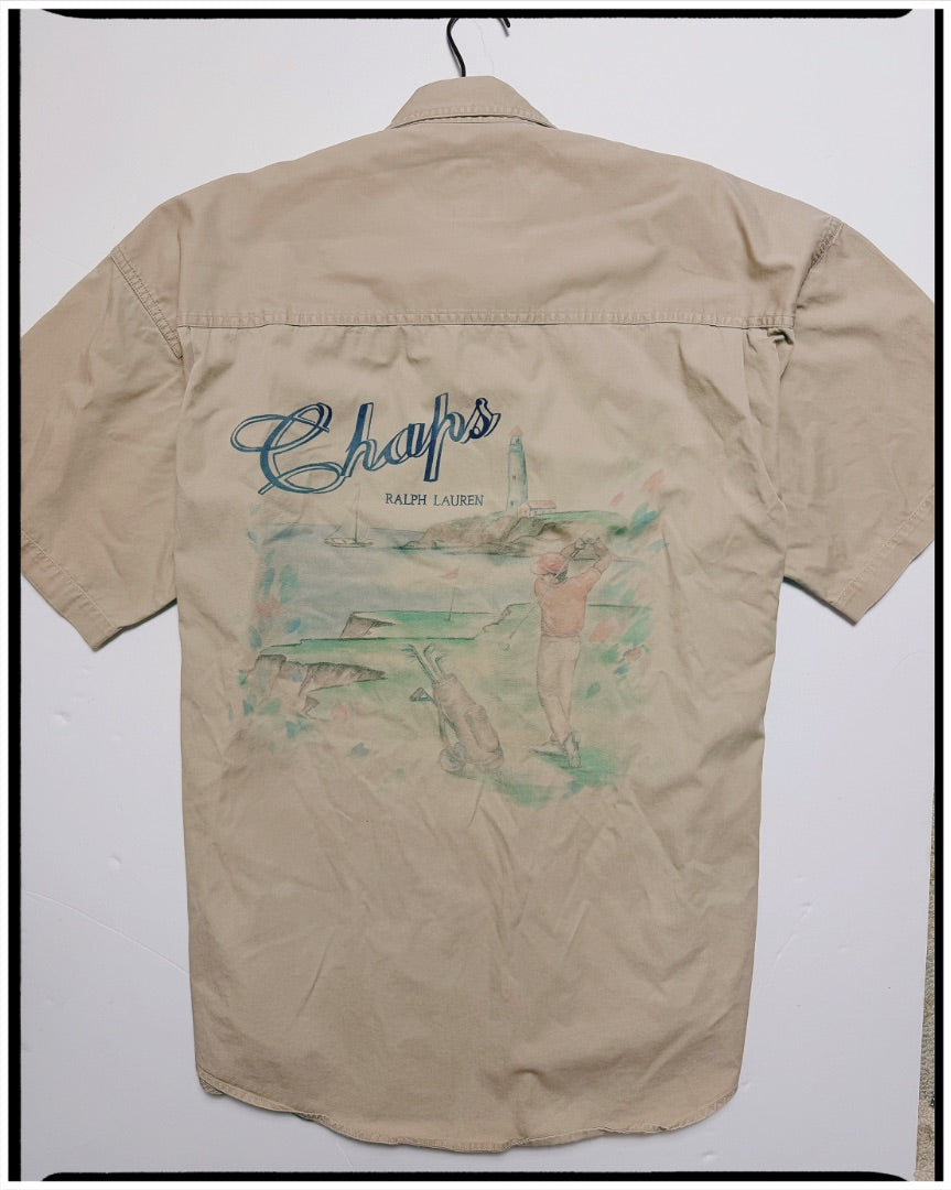 Tan Chaos Ralph Lauren Vintage chaps printed coastal golf short sleeve tan shirt, Large