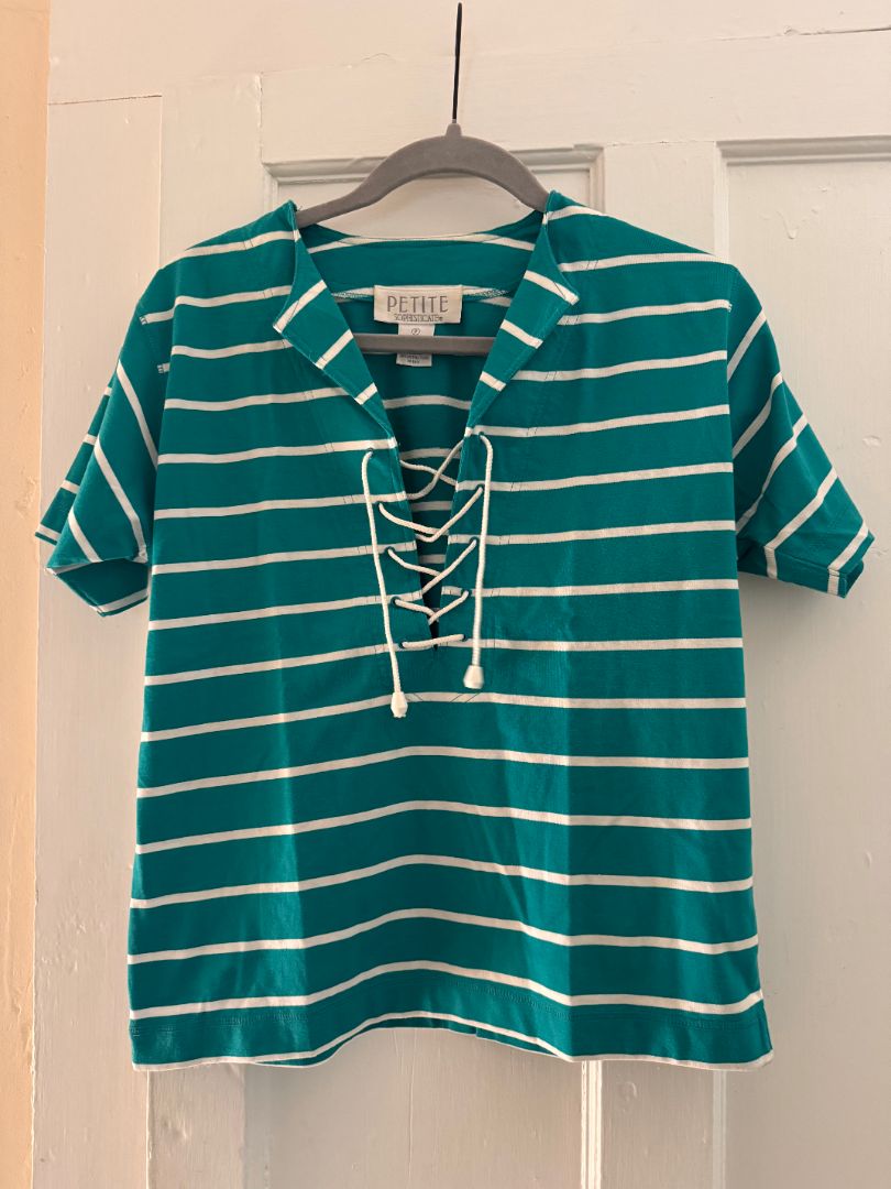 Petite Sophisticates teal stripped nautical top