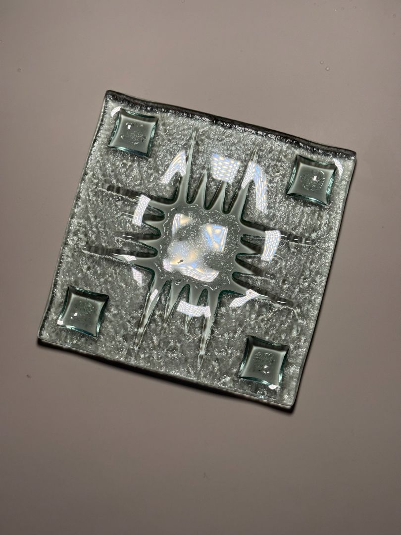 Blue/Green  Square Glass Trivet / Dish with Sun Motif