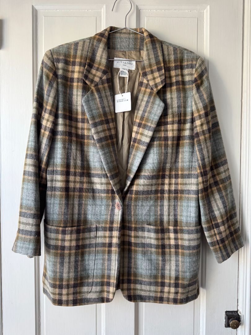 Green/Blue/Tan/Brown Vittadini Sport Plaid Wool Blazer, M