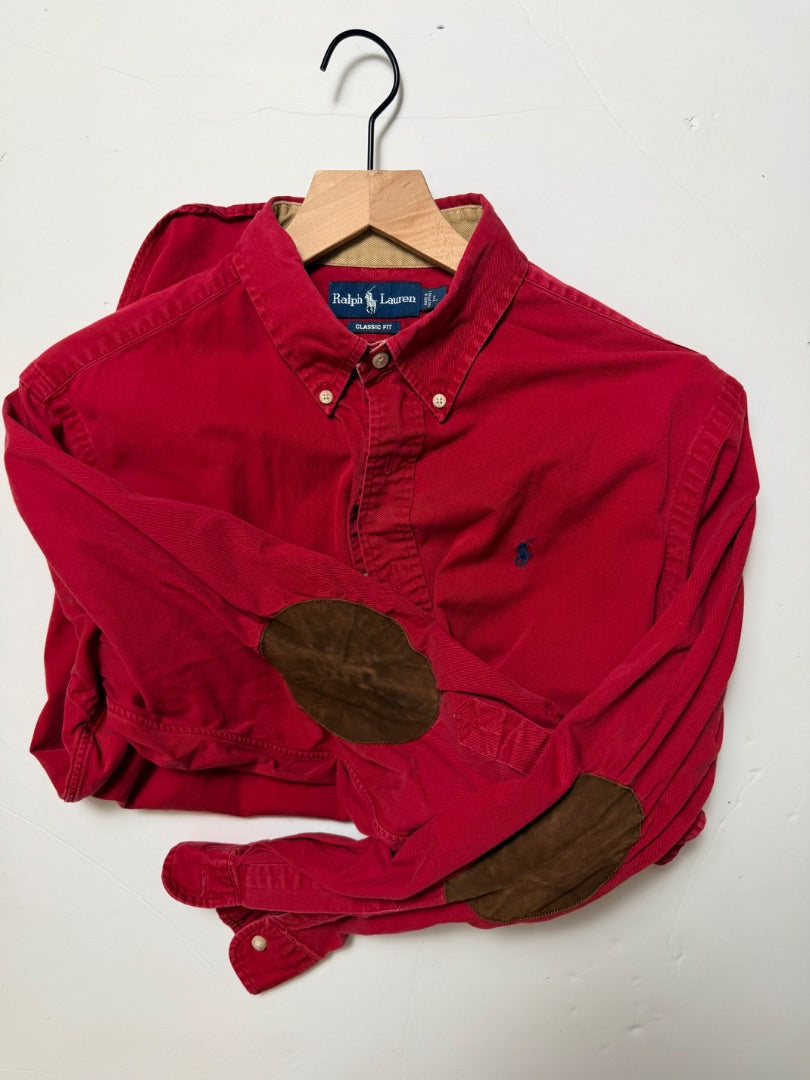 Red Ralph Lauren Vintage RL Red Twill Shirt Leather Elbows Large, L