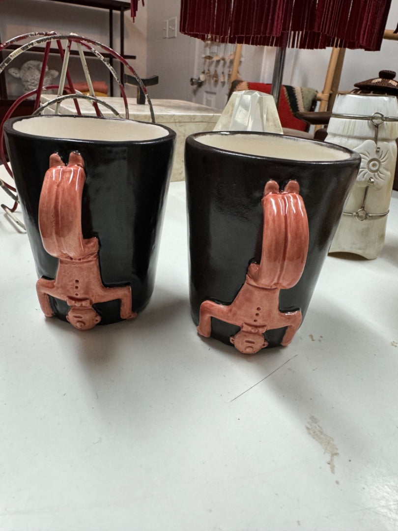 Brown  Pair of ceramic headstand mugs