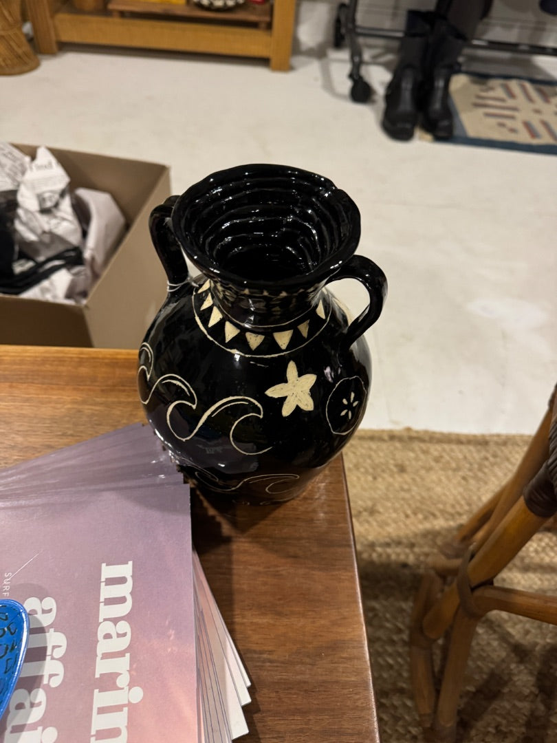 Black etched ceramic summertime vase