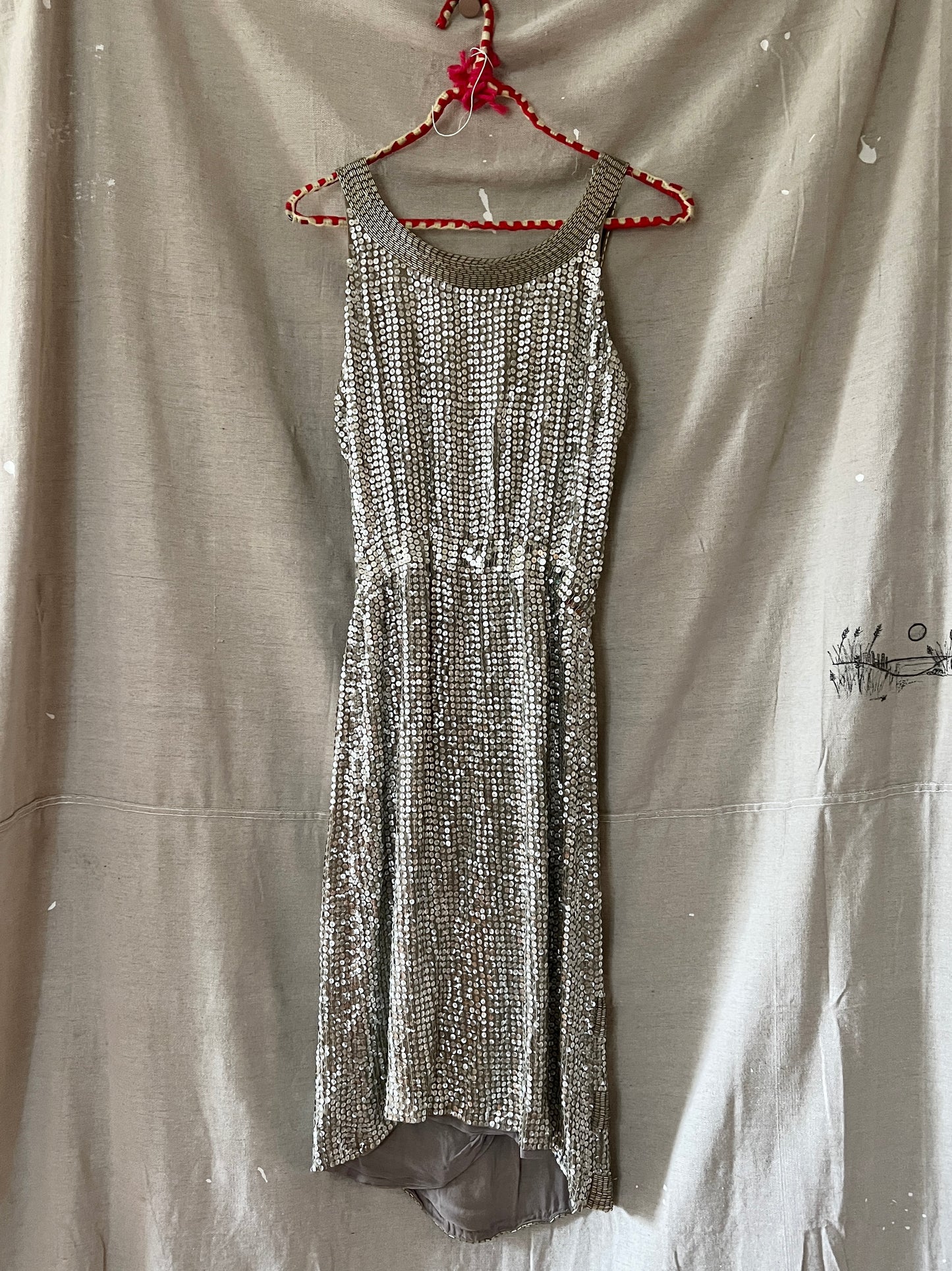 1970s Sequin Silk Dress, XS