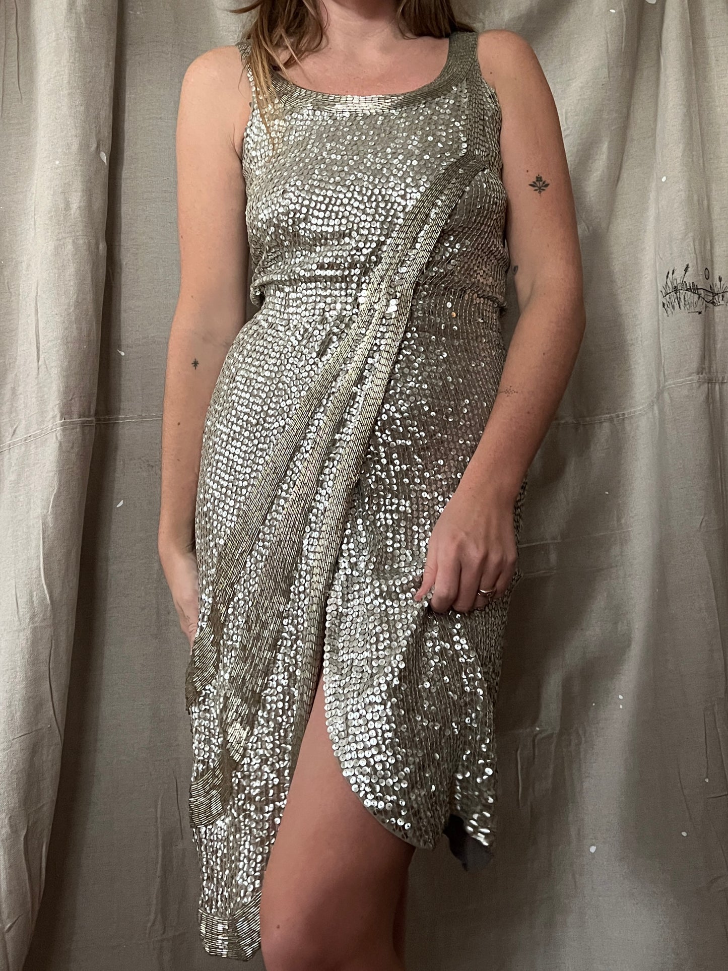 1970s Sequin Silk Dress, XS