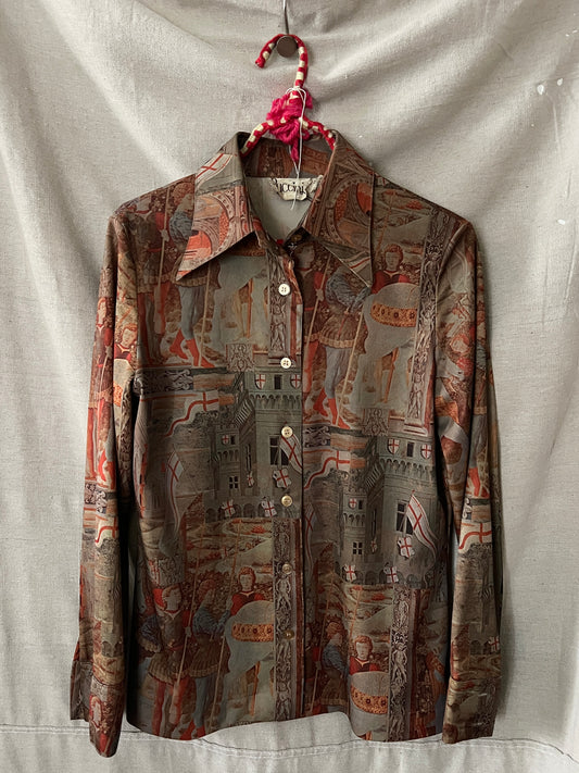 70s Collared Print Button-Up, S-M