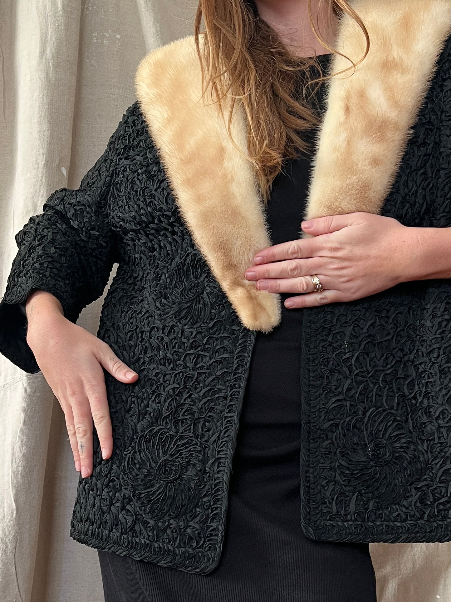 1940s Ribbon Lace and Fur Coat, S-M