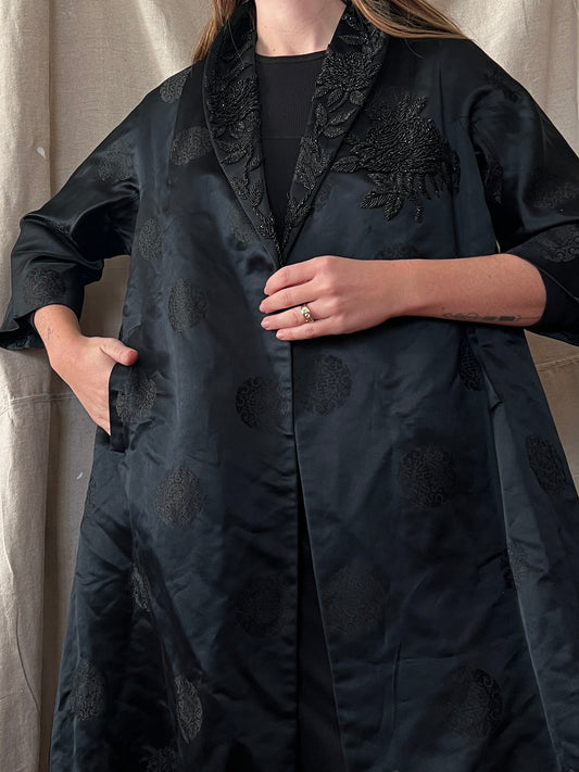 1940s Black Silk Robe, L