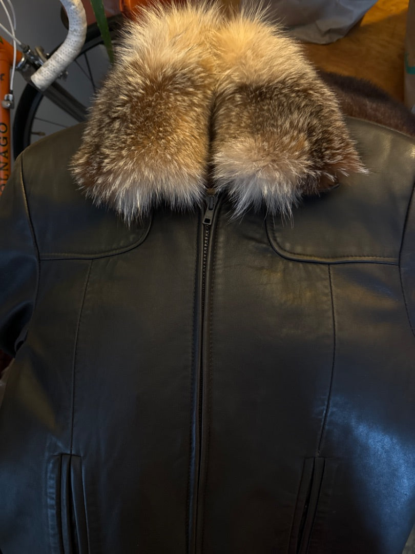 Brown leather coat fur collar