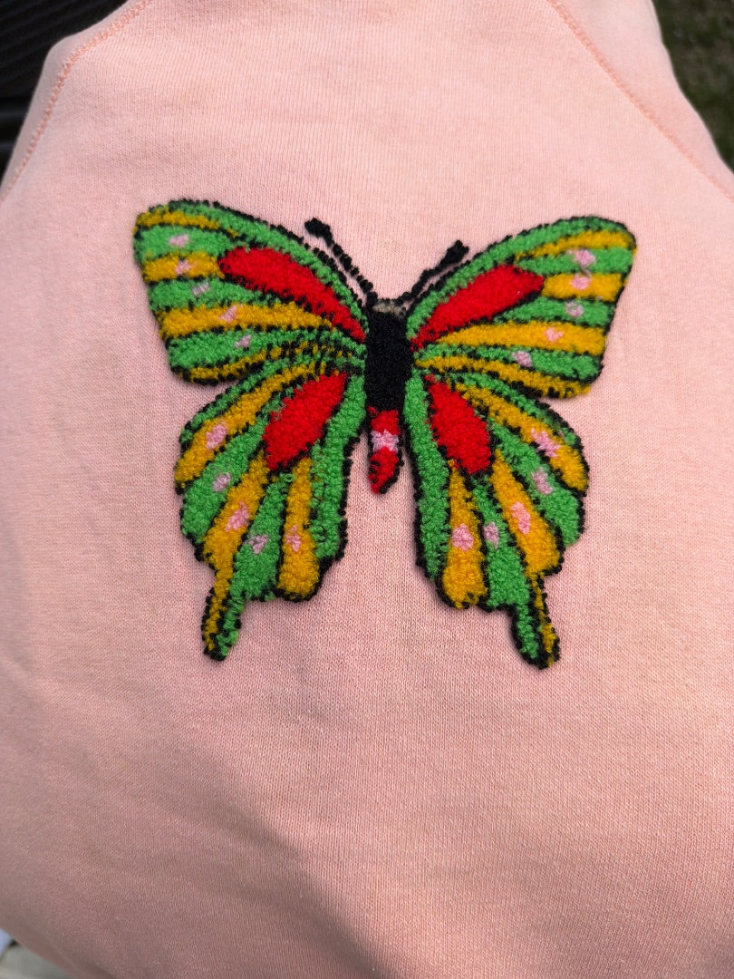 70’s peach butterfly hookstitch raglan