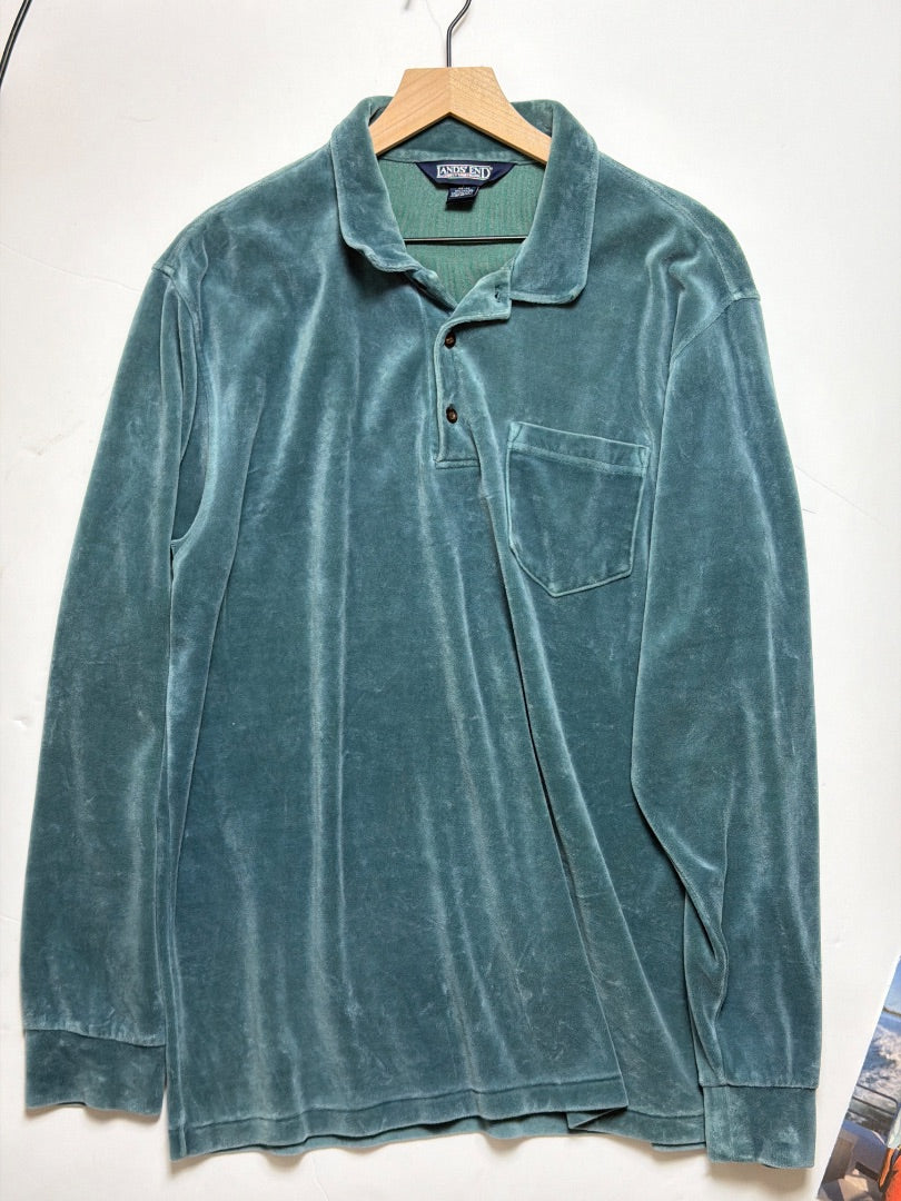 Blue Lands end Vintage lands in velour long sleeve pocket collared shirt blue size large, L