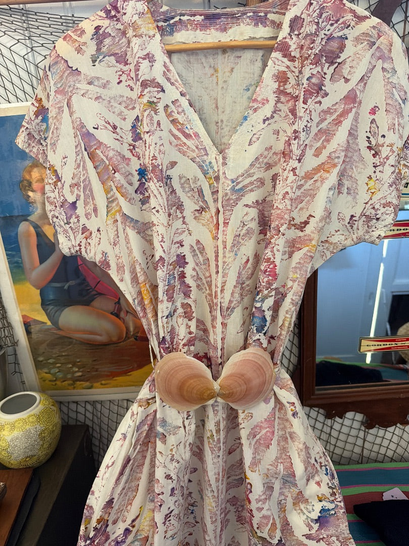 Seaweed print dress with shell belt