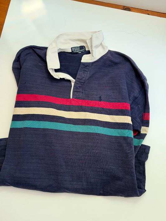 Blue Polo Ralph Lauren Vintage 80's Polo Ralph Lauren "Made in USA" Striped Rugby Shirt, XL